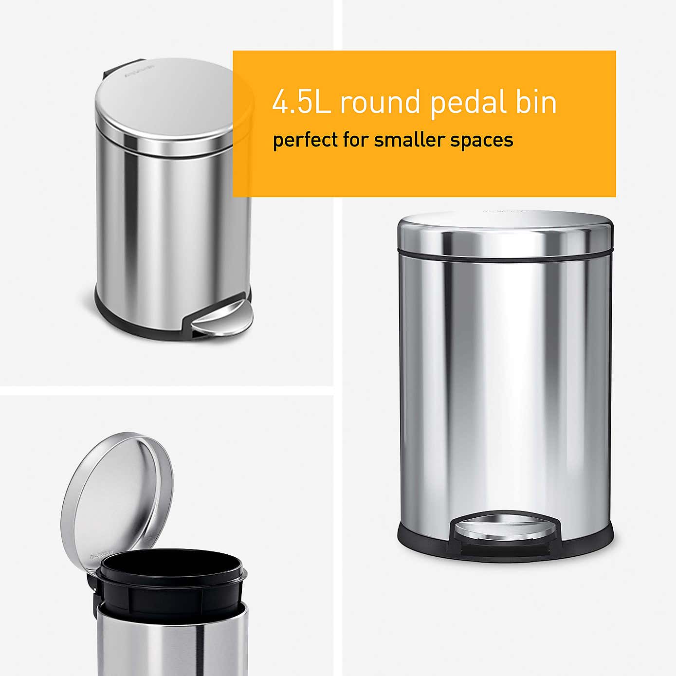 simplehuman 4.5 Litre Silver Round Pedal Bin