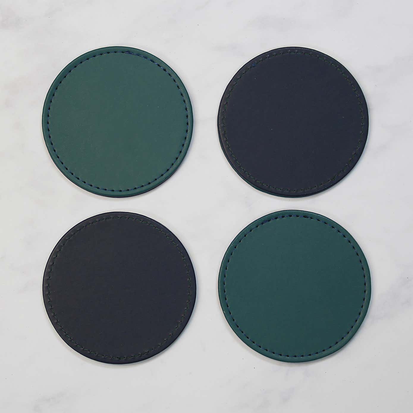 Set of 4 Peacock & Navy Faux Leather Reversible Round Coasters