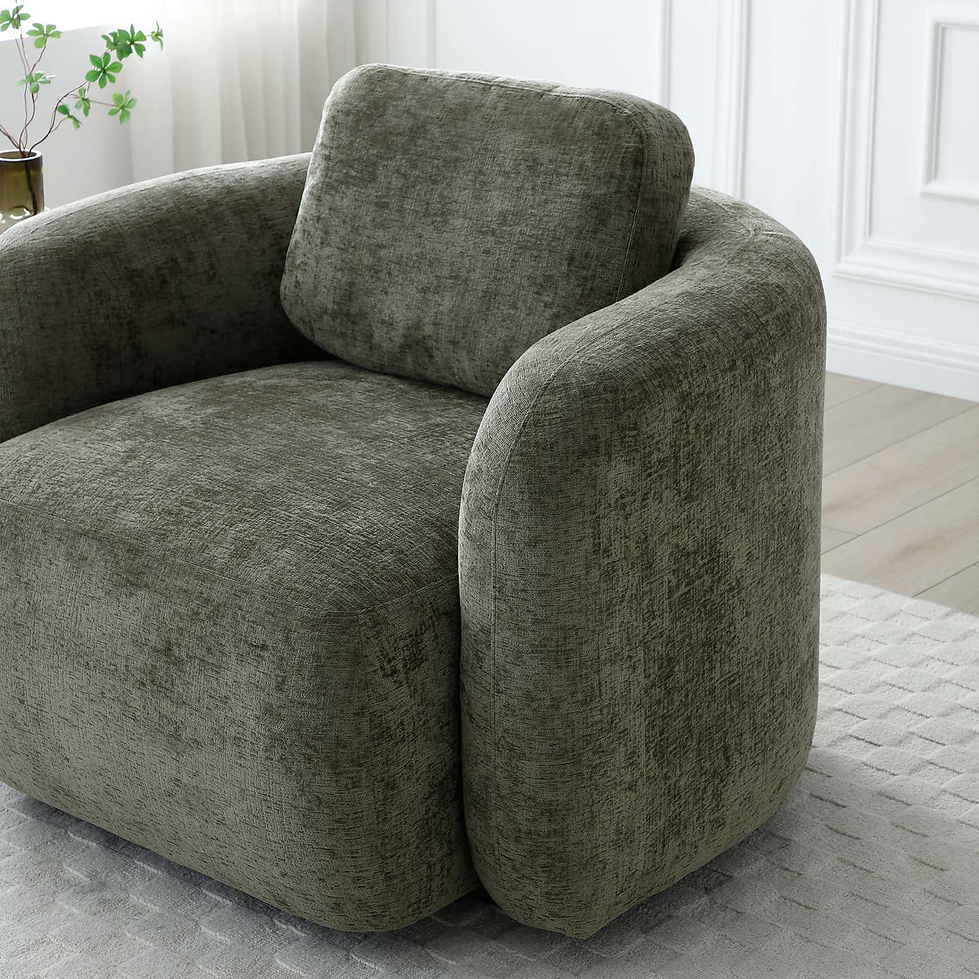Max Olive Distressed Chenille Curved Swivel Accent Chair