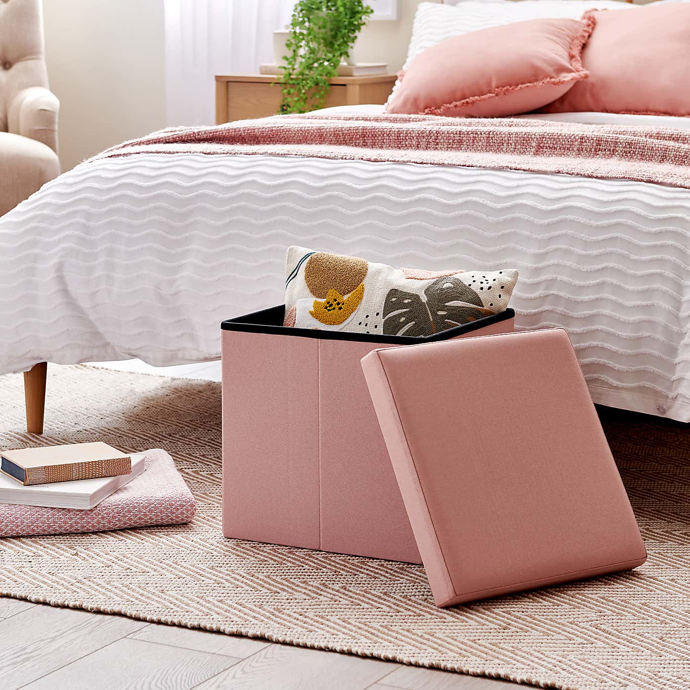 Faux Linen Cube Ottoman
