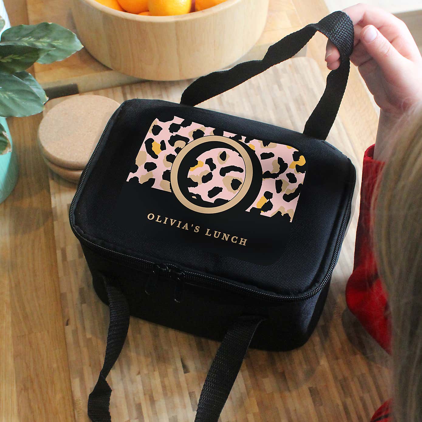 Personalised Black Leopard Print Lunch Bag