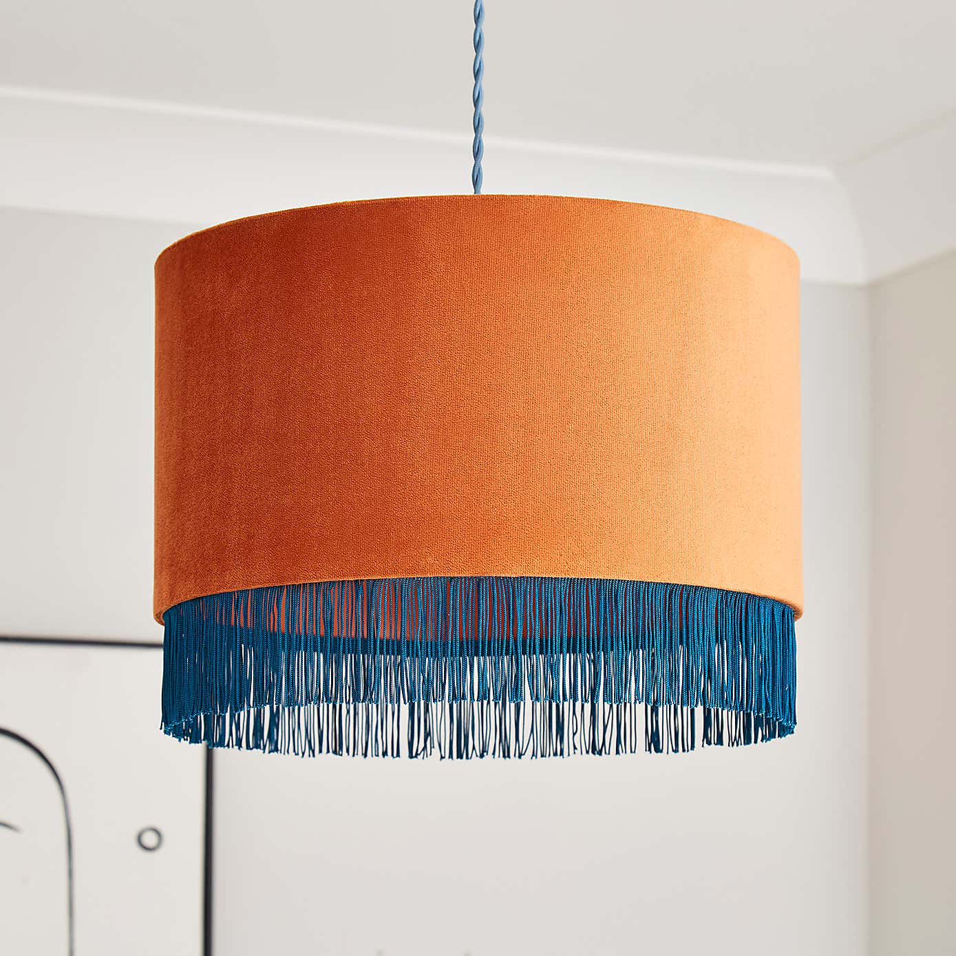 Fringed Velvet Drum Lamp Shade