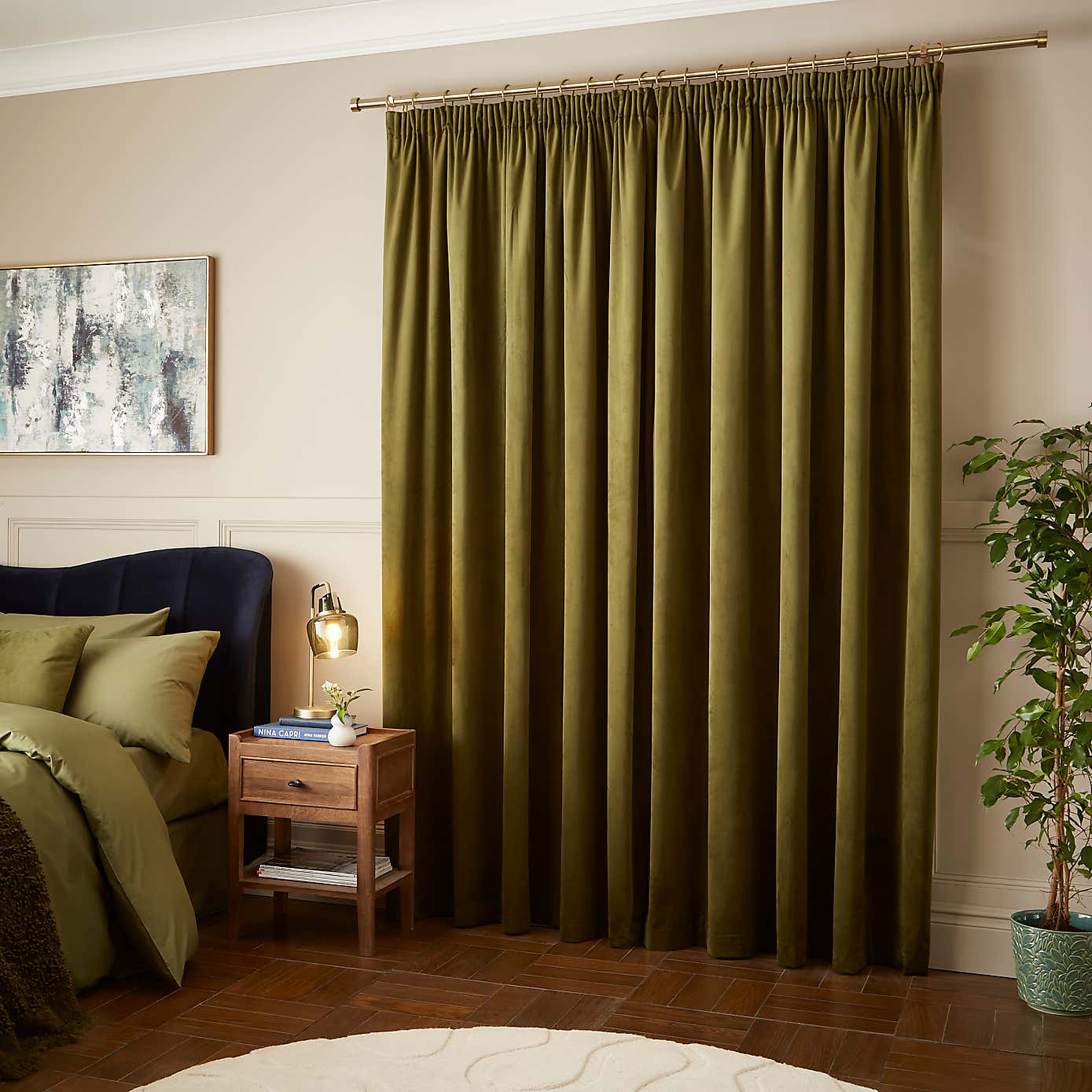 Recycled Velour Olive Pencil Pleat Curtains