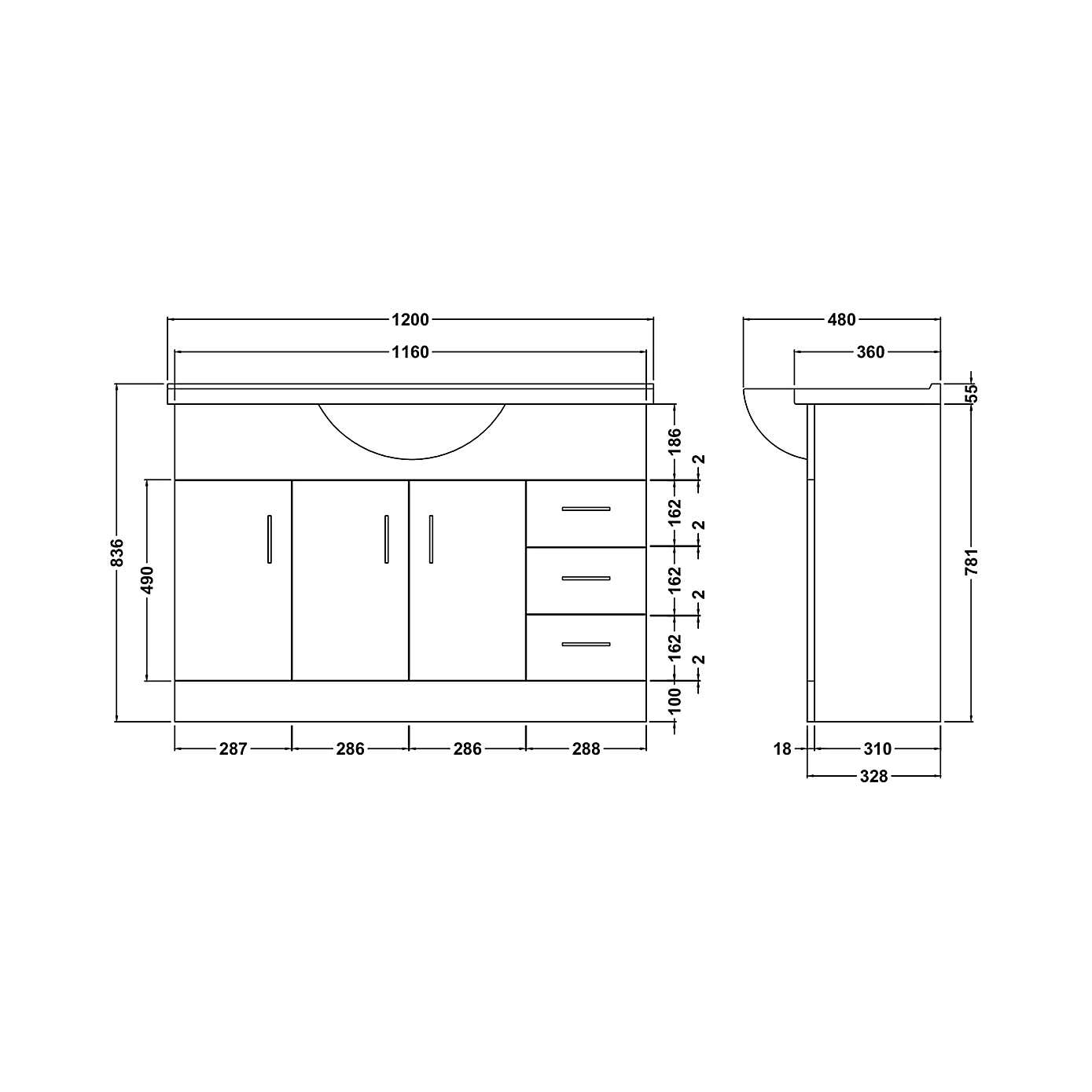 Mayford 3 Door 3 Drawer Vanity Unit with Round Basin