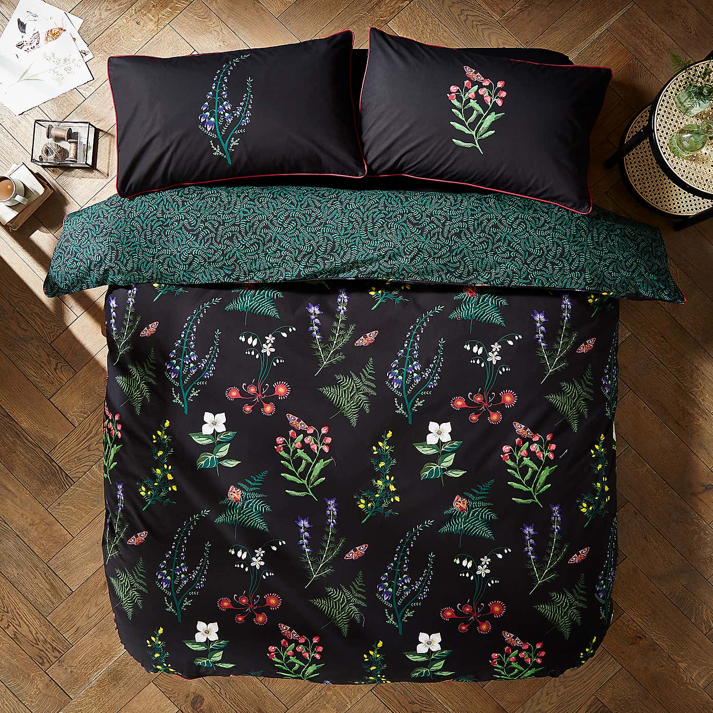 Moorland Flora Black Duvet Cover and Pillowcase Set