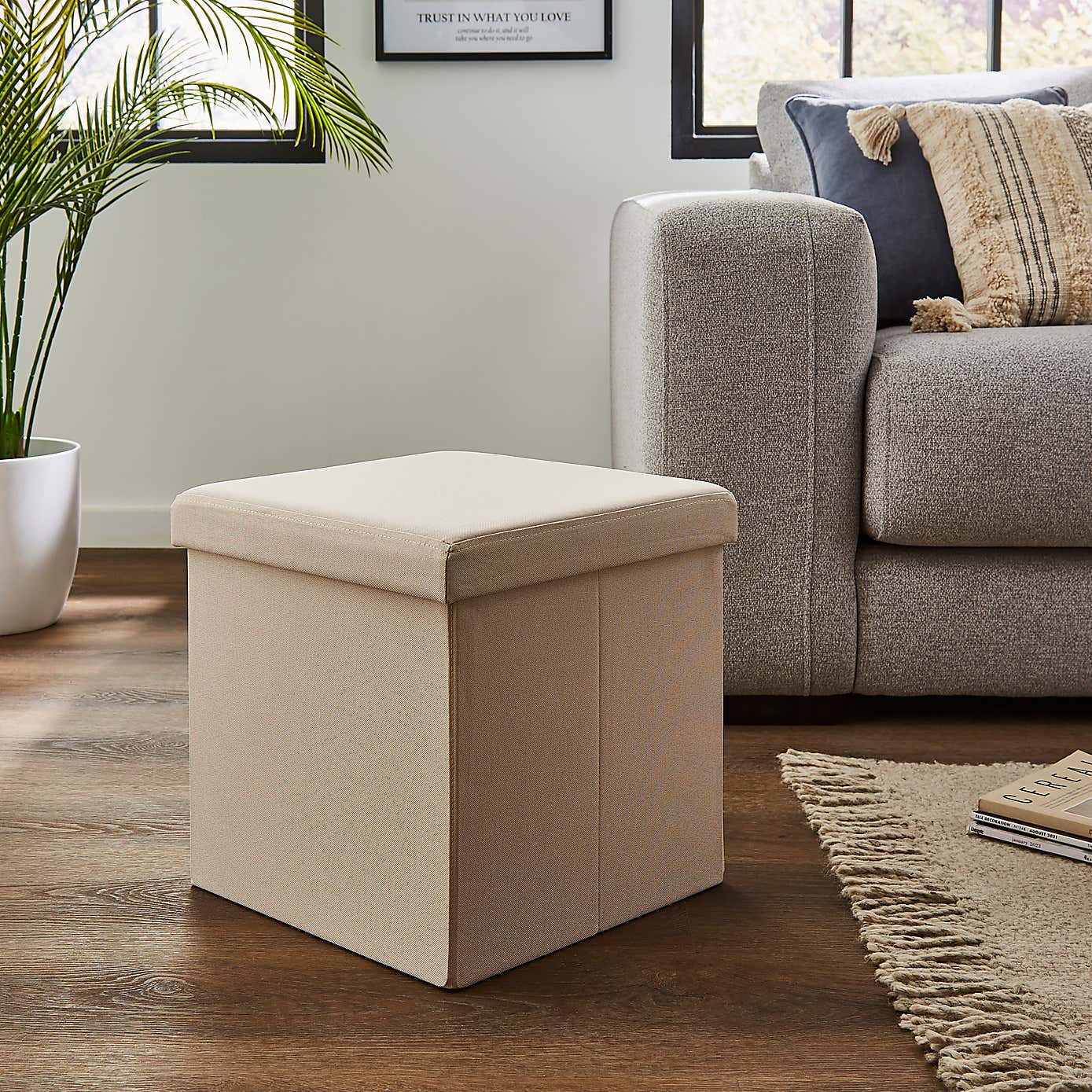 Faux Linen Cube Ottoman