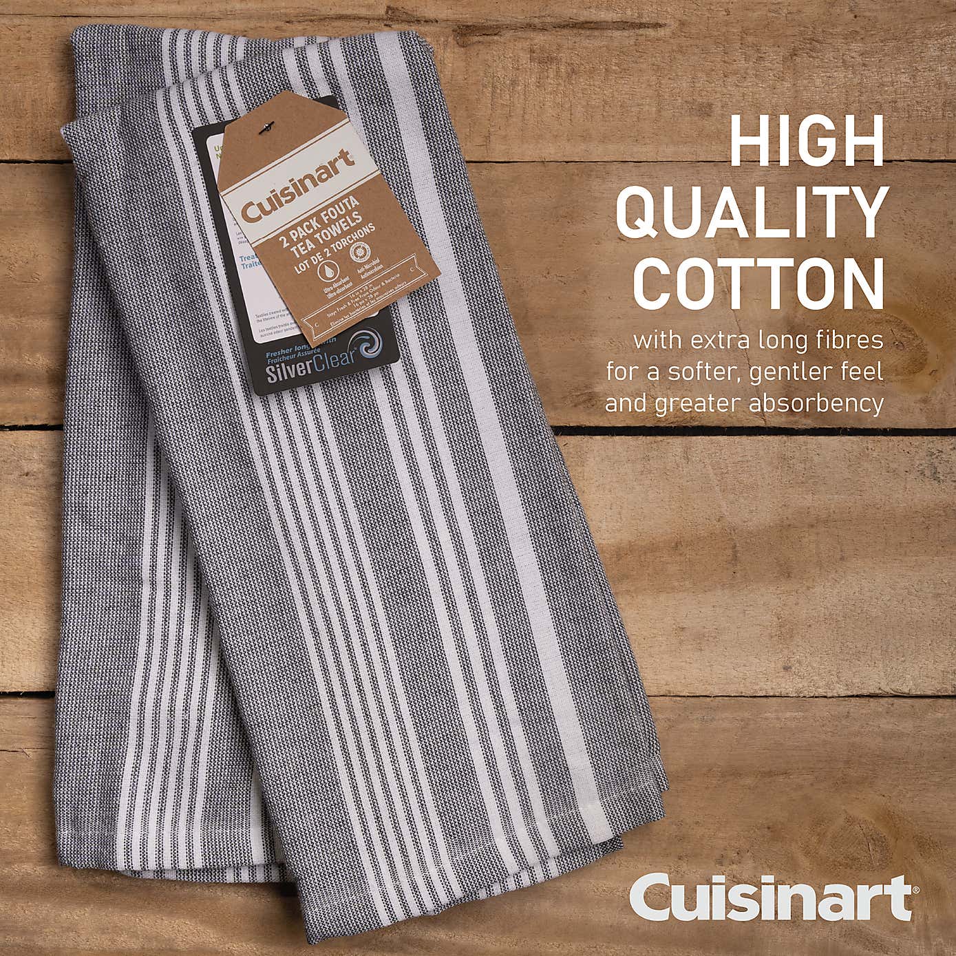 Cuisinart Set of 2 Grey Striped Tea Towels and Single Oven Gloves