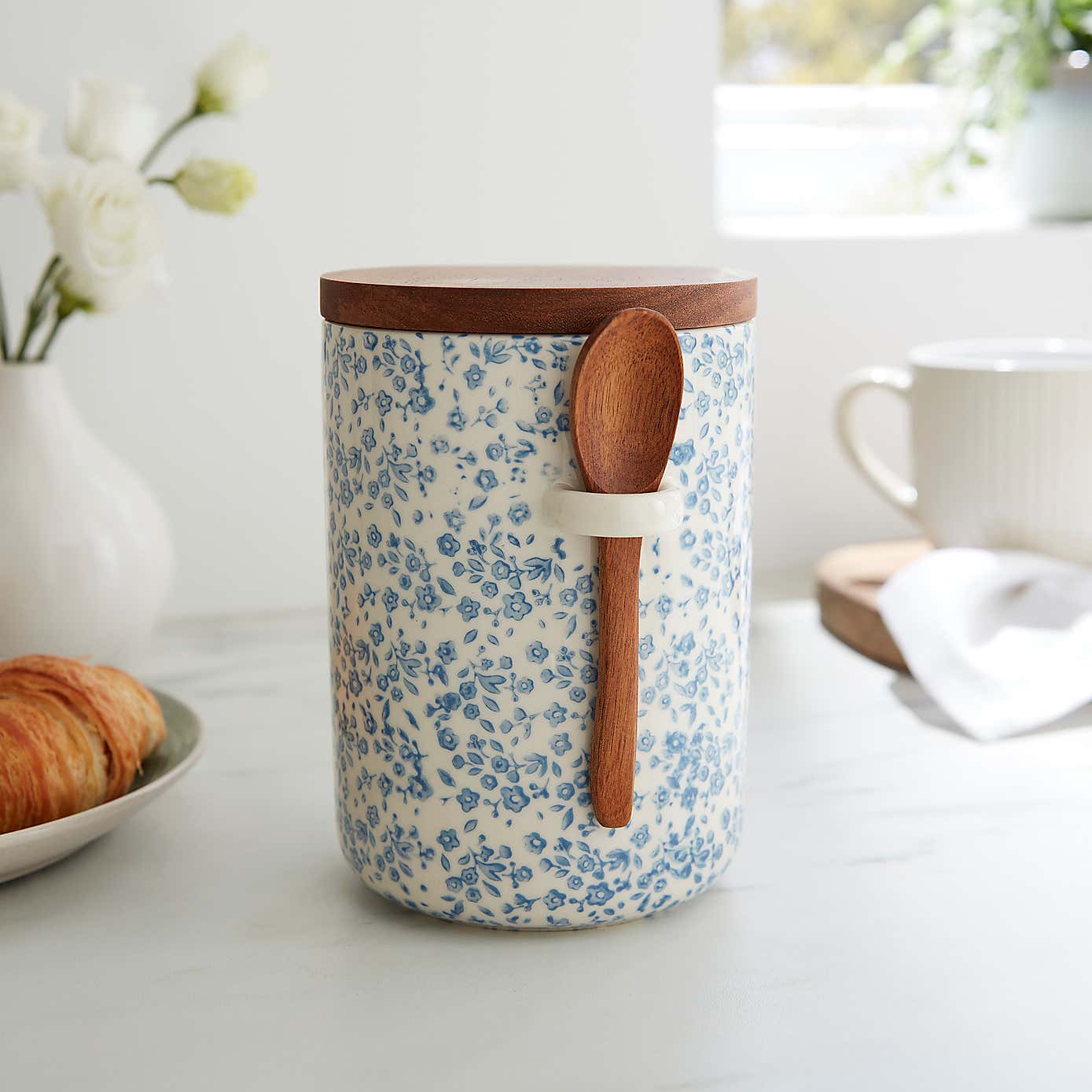 Blue Floral Canister with Spoon