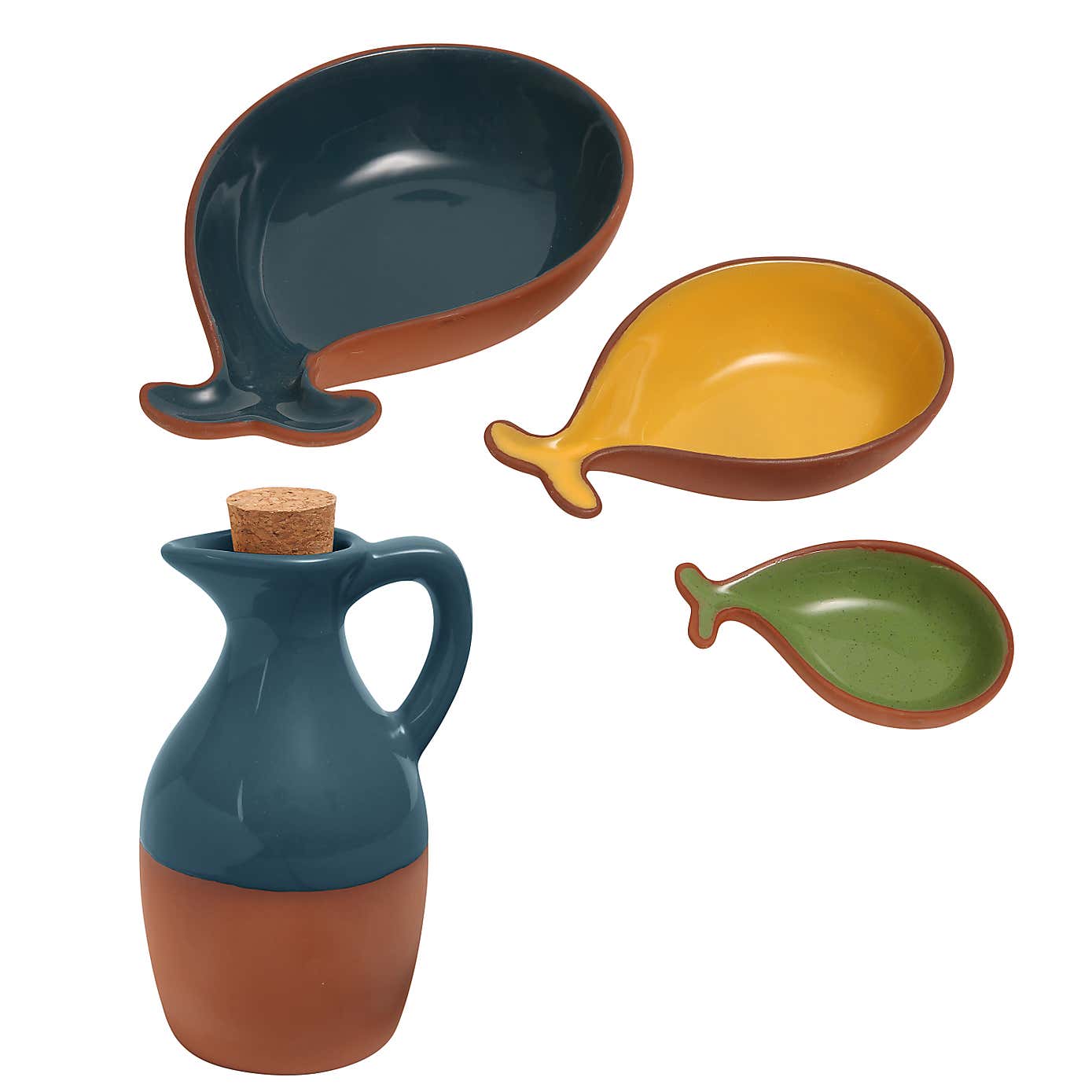 Dexam Sintra Set of 3 Glazed Terracotta Fish Tapas Dishes & Oil Drizzler