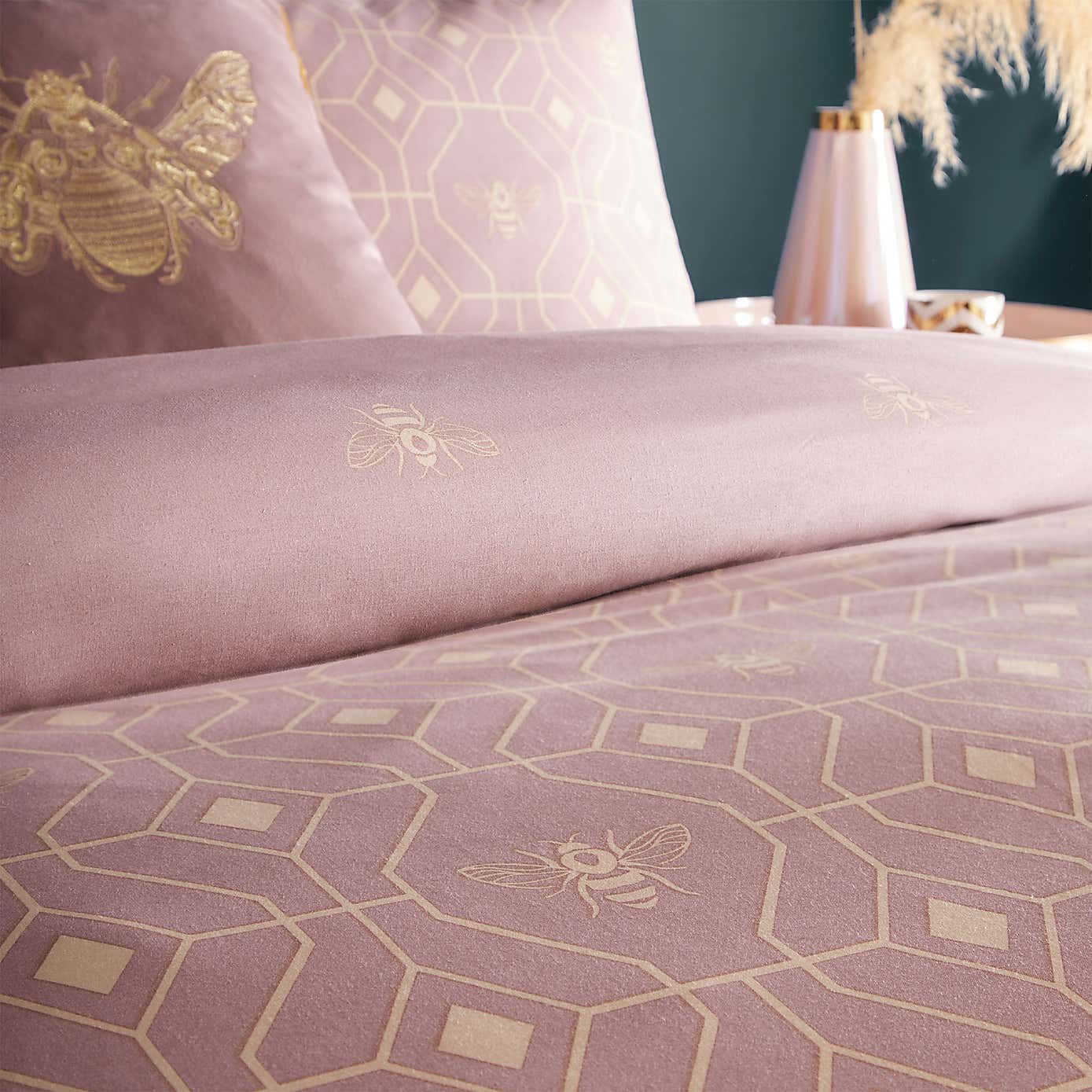 Pink and Gold Bee Deco Reversible Duvet Cover and Pillowcase Set