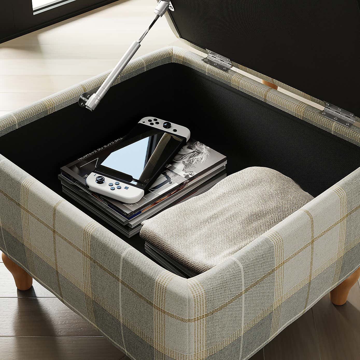 Oswald Check Footstool, Natural Grey