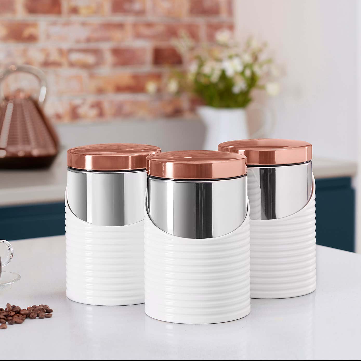 Linear White and Rose Gold Set of 3 Canisters