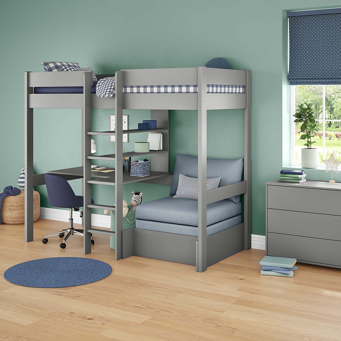Stompa Uno Highsleeper With Chair Bed And Cushion Set, Pine