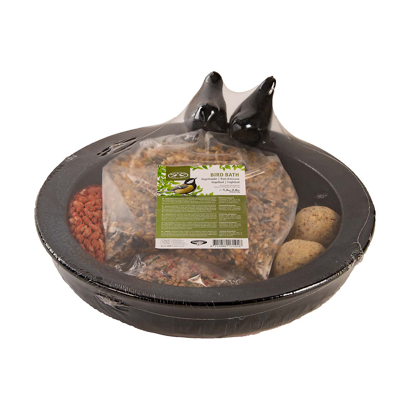 Fallen Fruits Bird Bath Ceramic Black Round with Bird Food