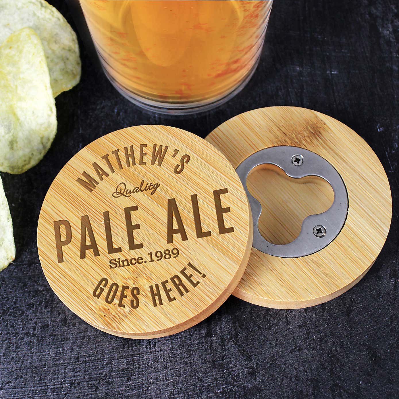 Personalised Bamboo Coaster with Hidden Bottle Opener