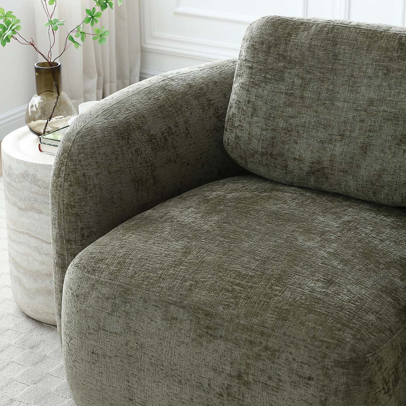Max Olive Distressed Chenille Curved Swivel Accent Chair