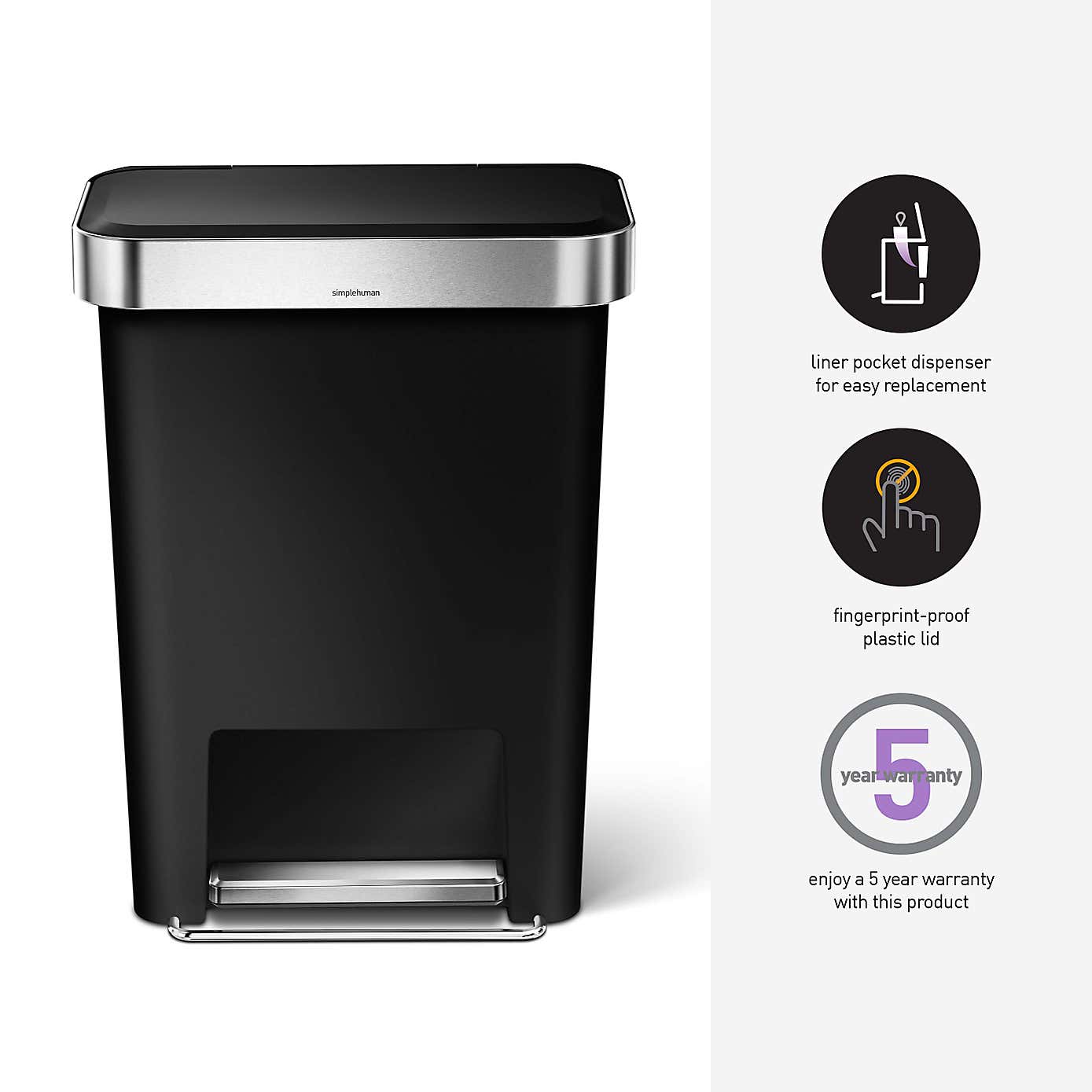 simplehuman 45 Litre Plastic Pedal Bin With Liner Pocket