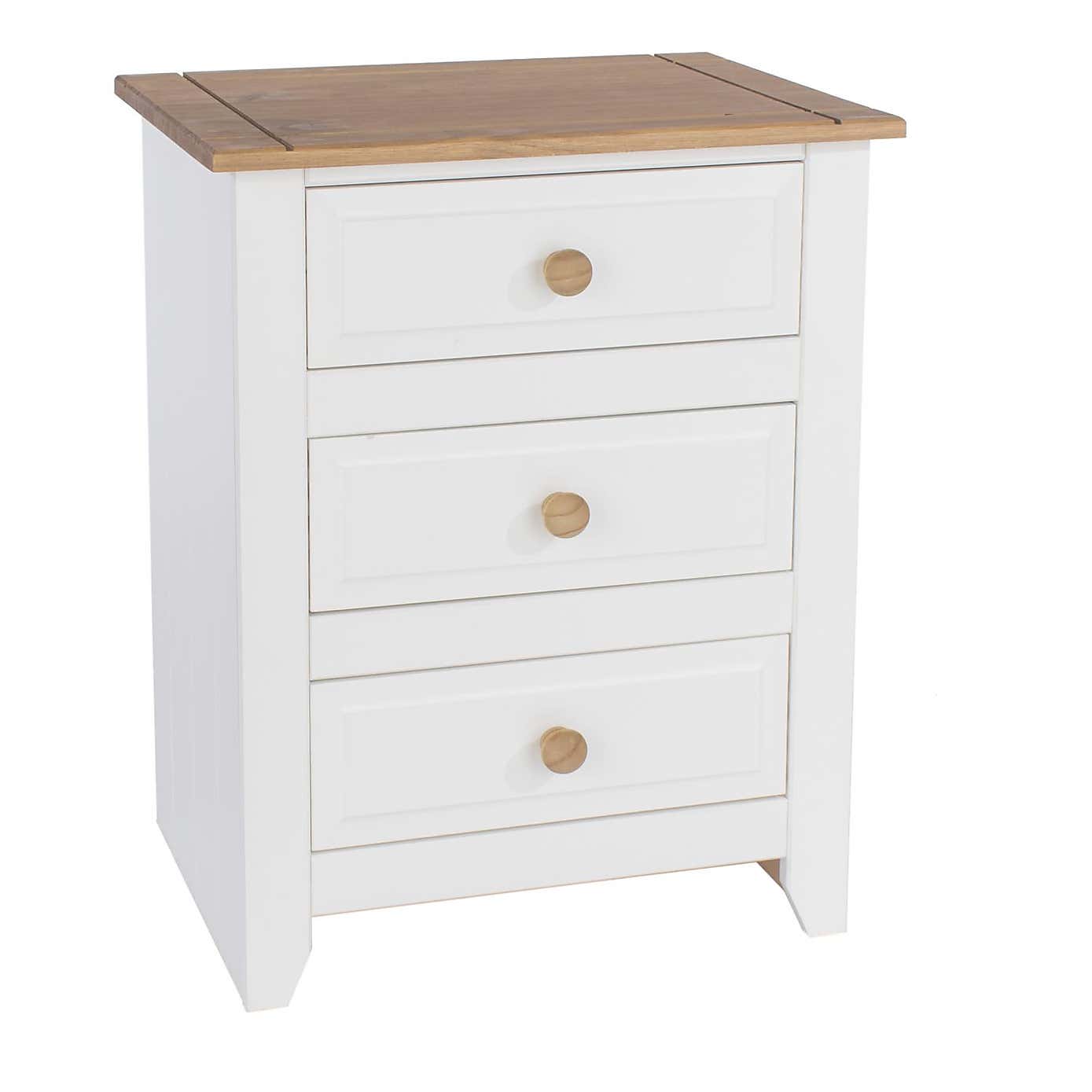 Capri 3 Drawer Bedside Table, White & Pine
