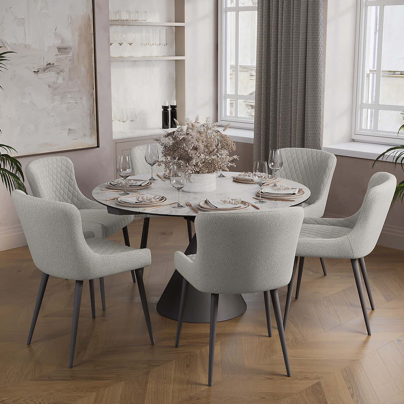 Indus Valley Camden 4-6 Seater Round Extendable Dining Table With 6 Pebble Taupe Dining Chairs