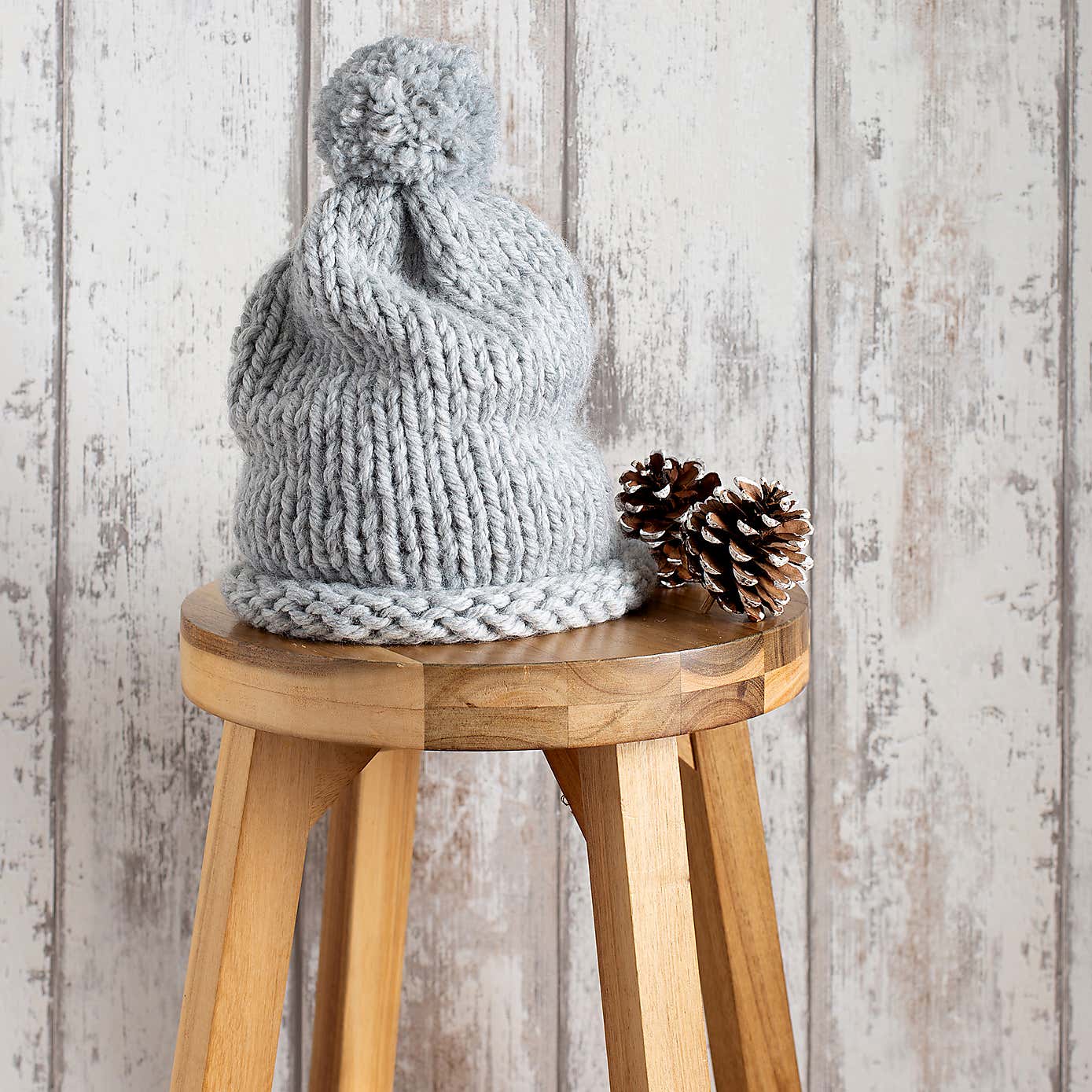 Wool Couture Beginners Grey Pom Pom Hat Knit Kit