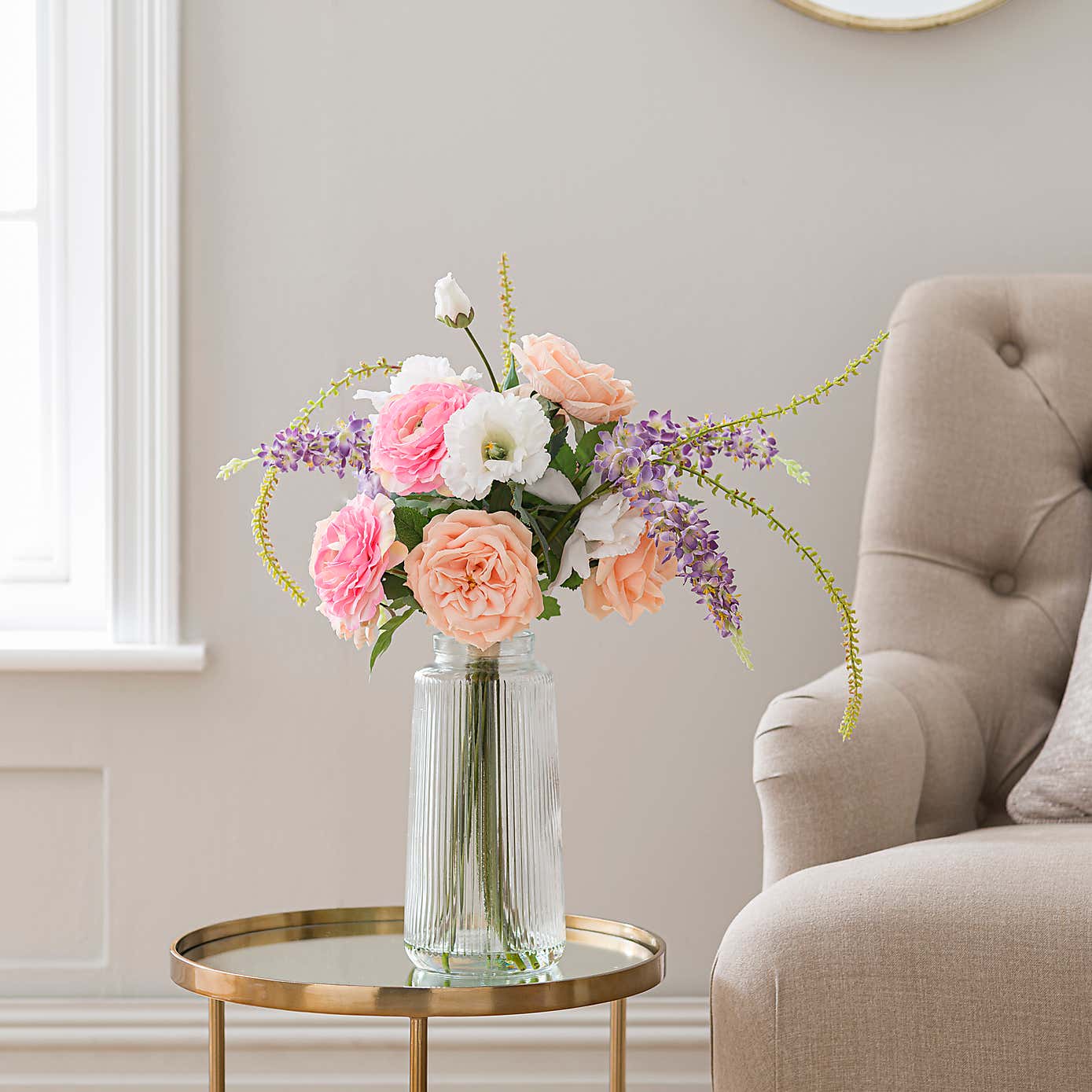 Artificial Rose & Delphinium Bouquet in Ribbed Glass Vase