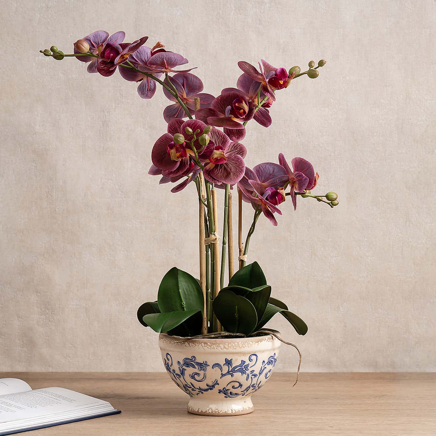 Artificial Real Touch Dark Pink Phalaenopsis Orchid in Ceramic Pot