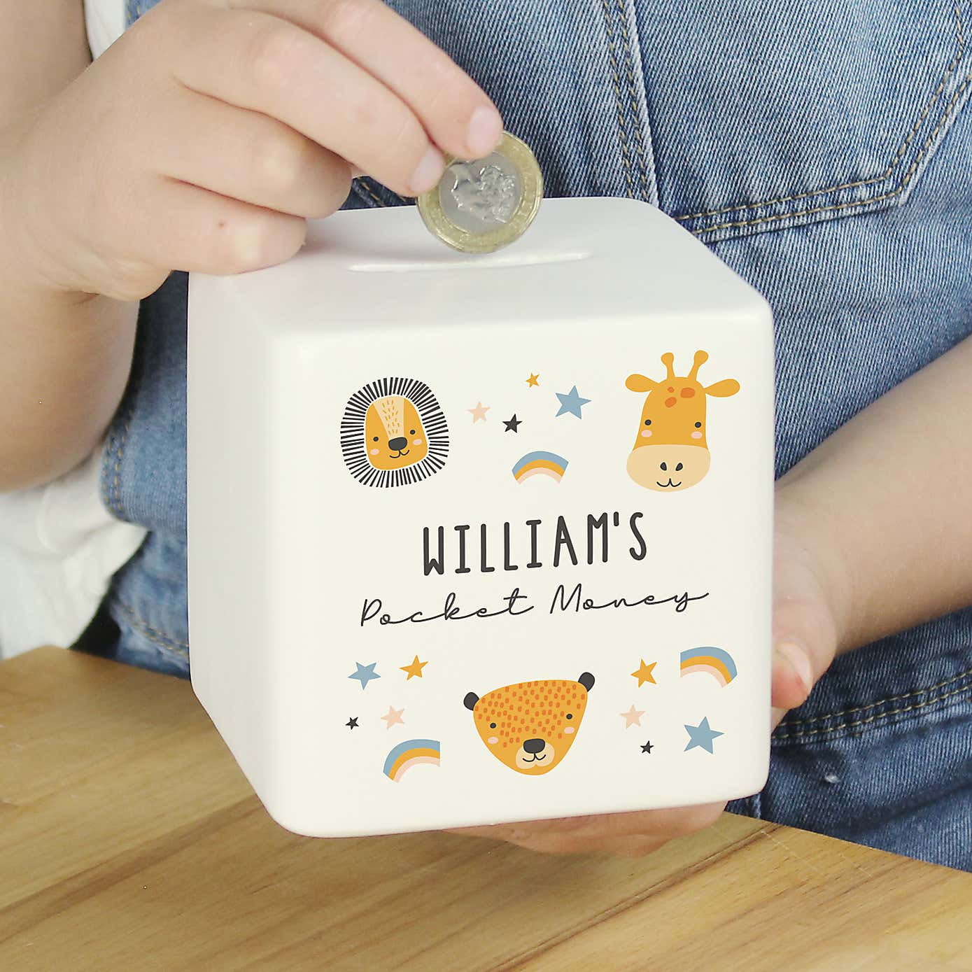Personalised Safari Animals Ceramic Square Moneybox