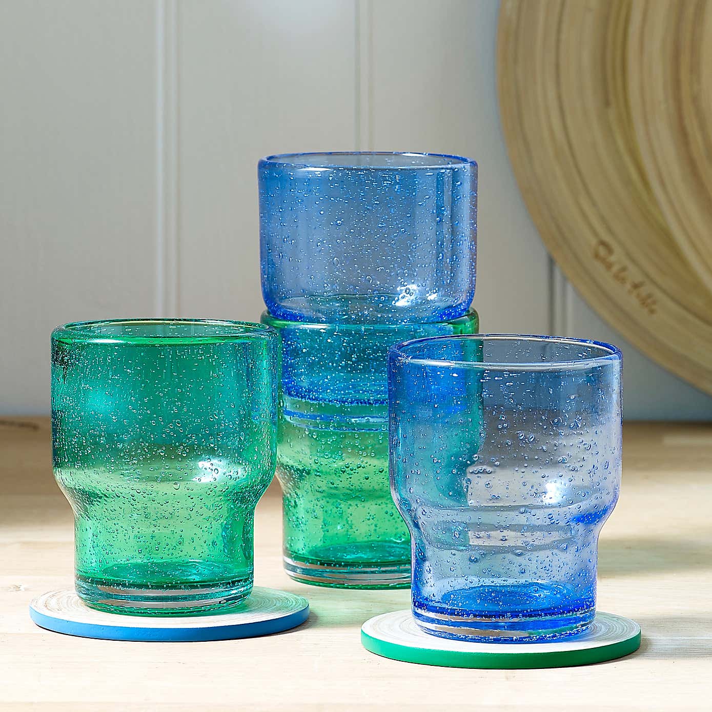 Set of 2 Sur La Table Colour Me Happy Handmade Glass Stacking Tumblers