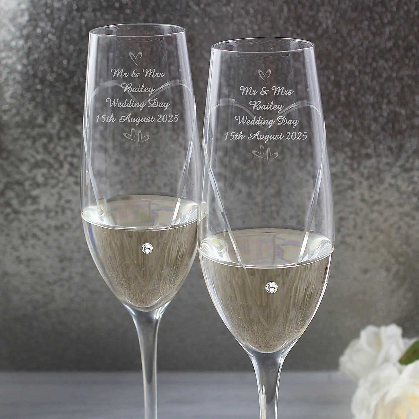Personalised Hand Cut Little Hearts Pair of Flutes with Gift Box