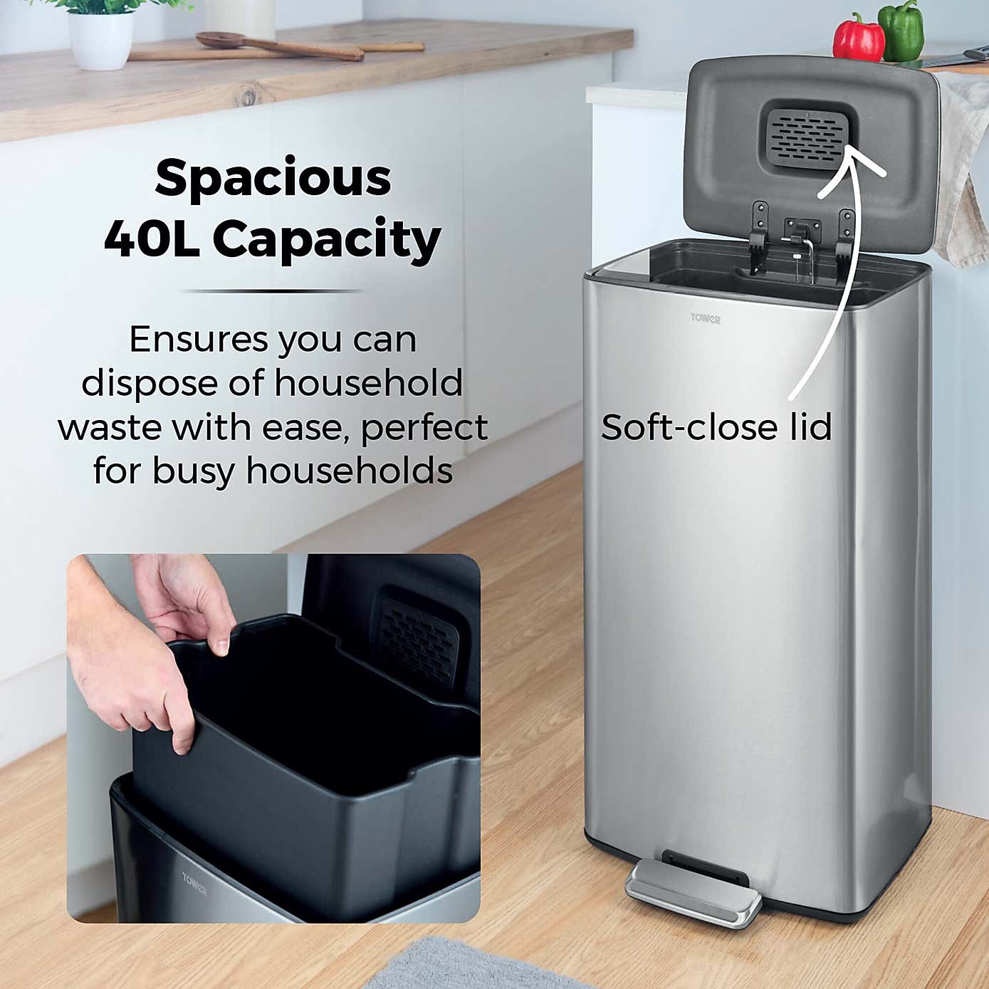 Tower 40L Rectangular Pedal Bin