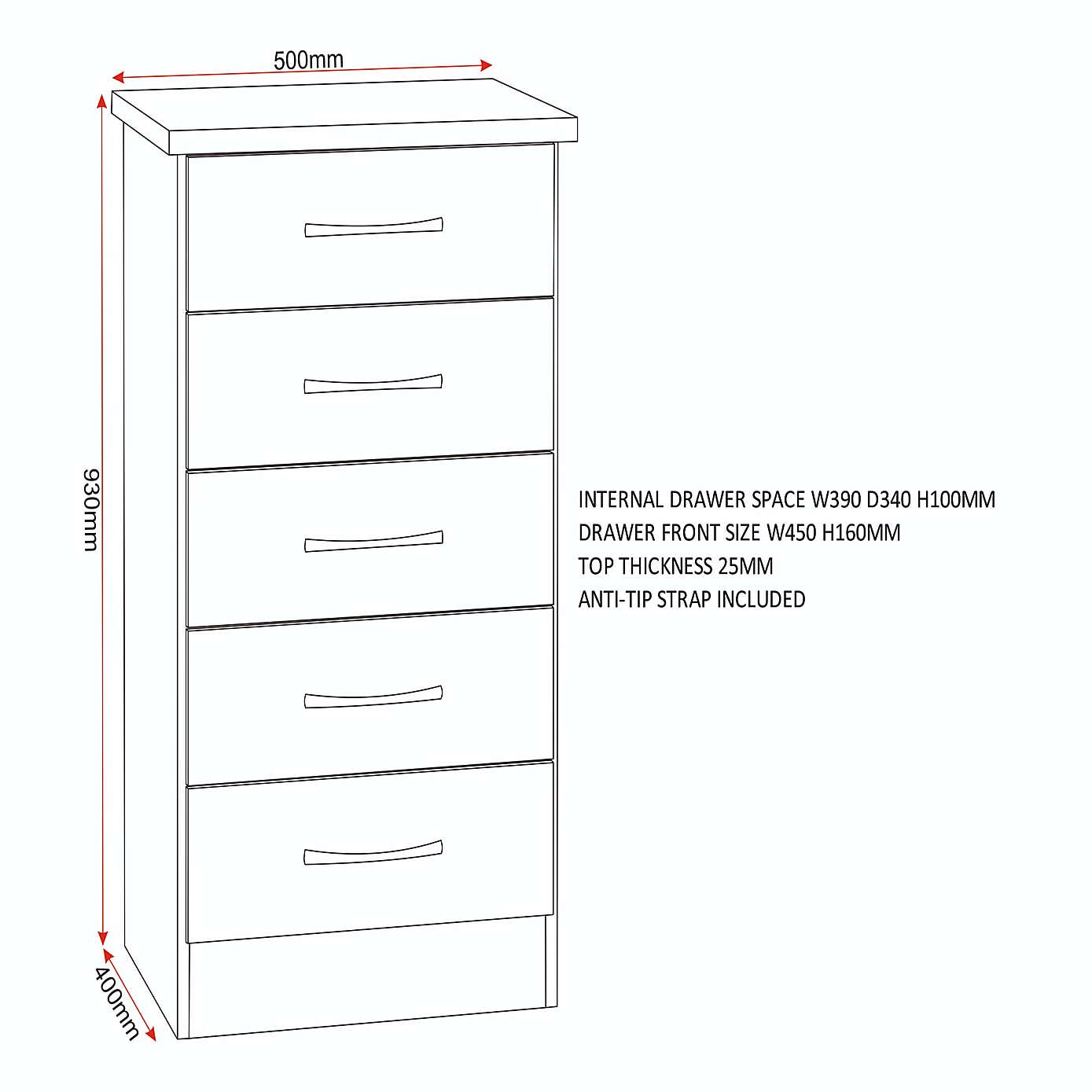 Nevada Slim 5 Drawer Chest