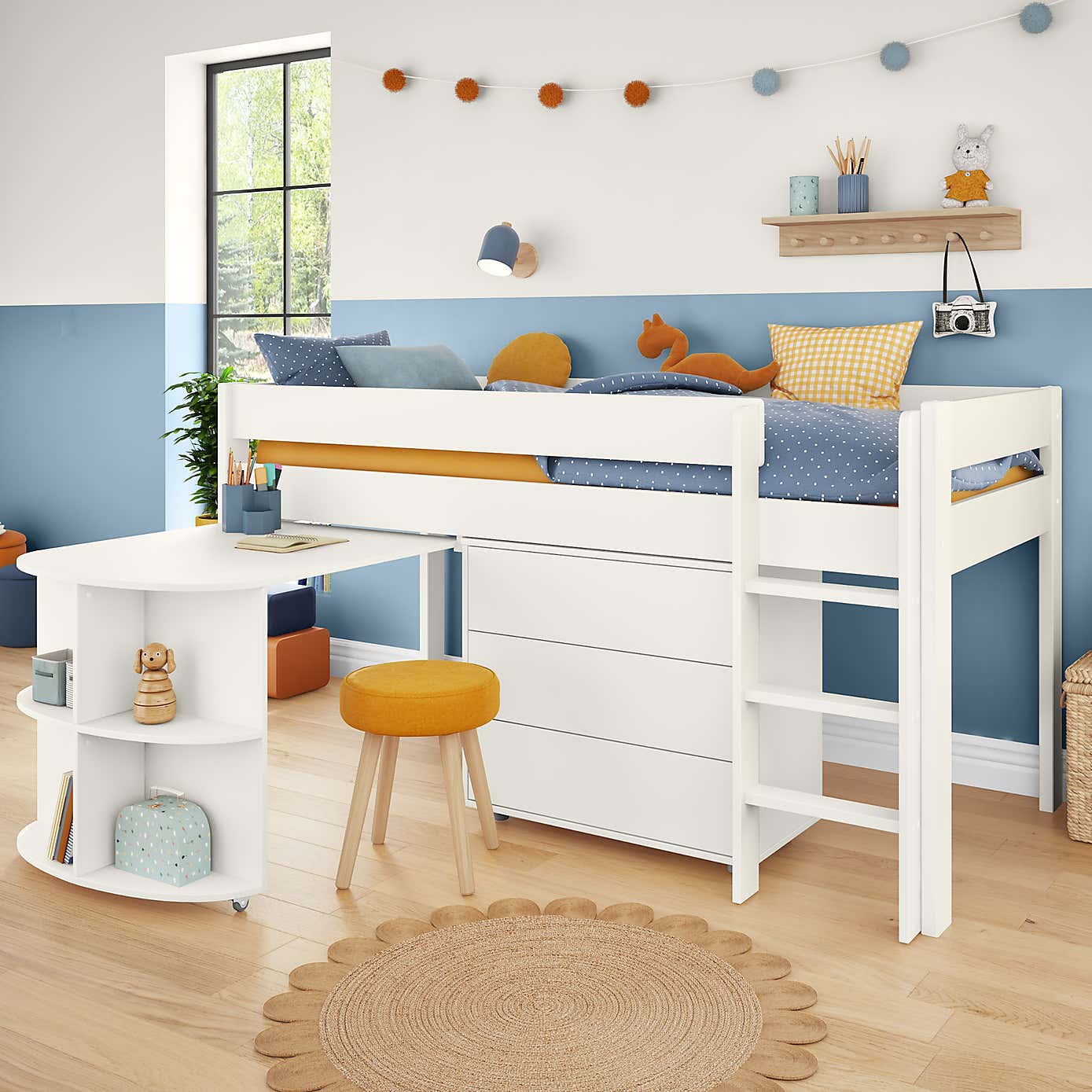 Stompa Uno Midsleeper With Pull Out Desk and Chest of Drawers, Pine