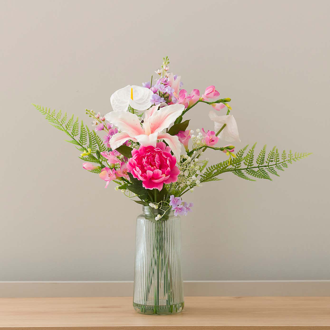 Artificial Tiger Lily Bouquet in Ribbed Glass Vase