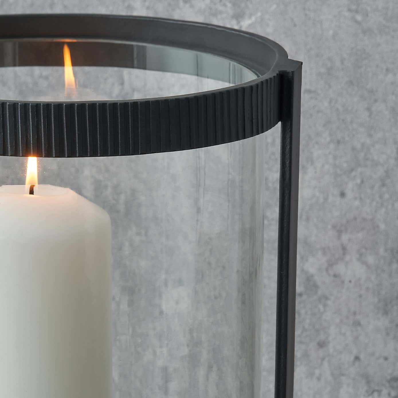 Black Ribbed Metal Glass Cylinder Hurricane Candle Holder