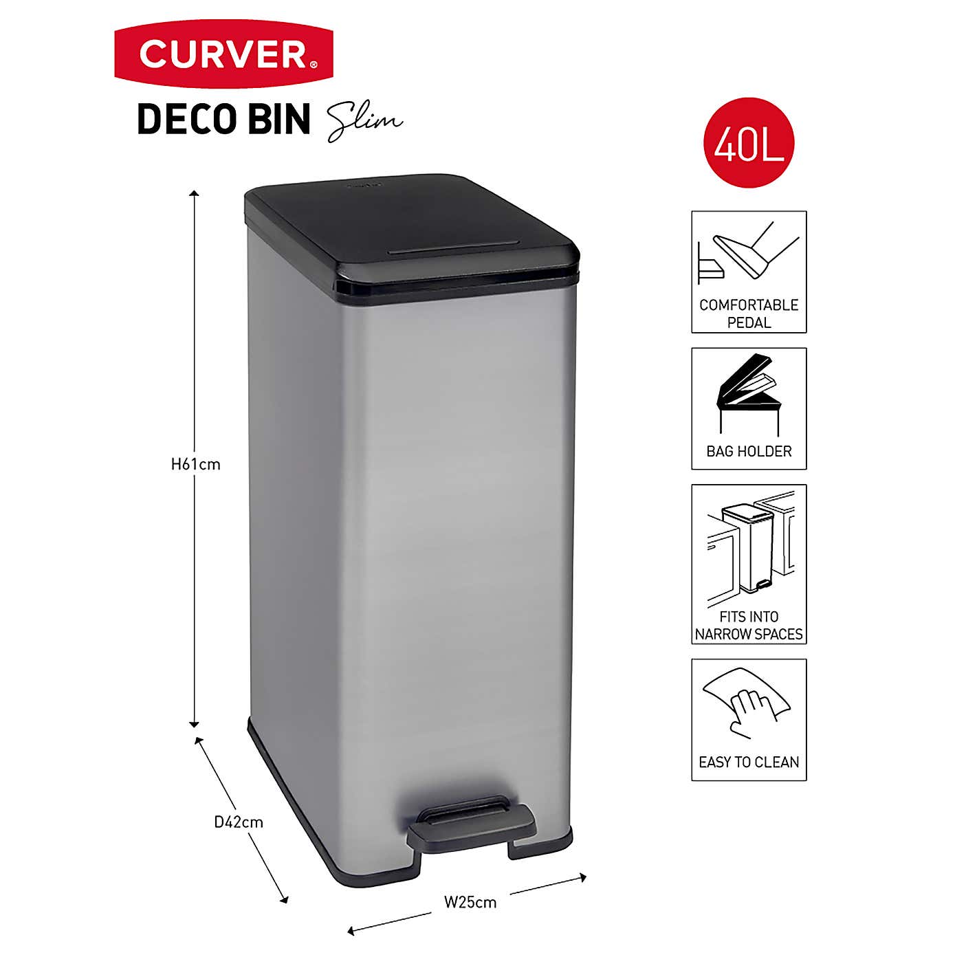Curver Slim 40L Bin Silver