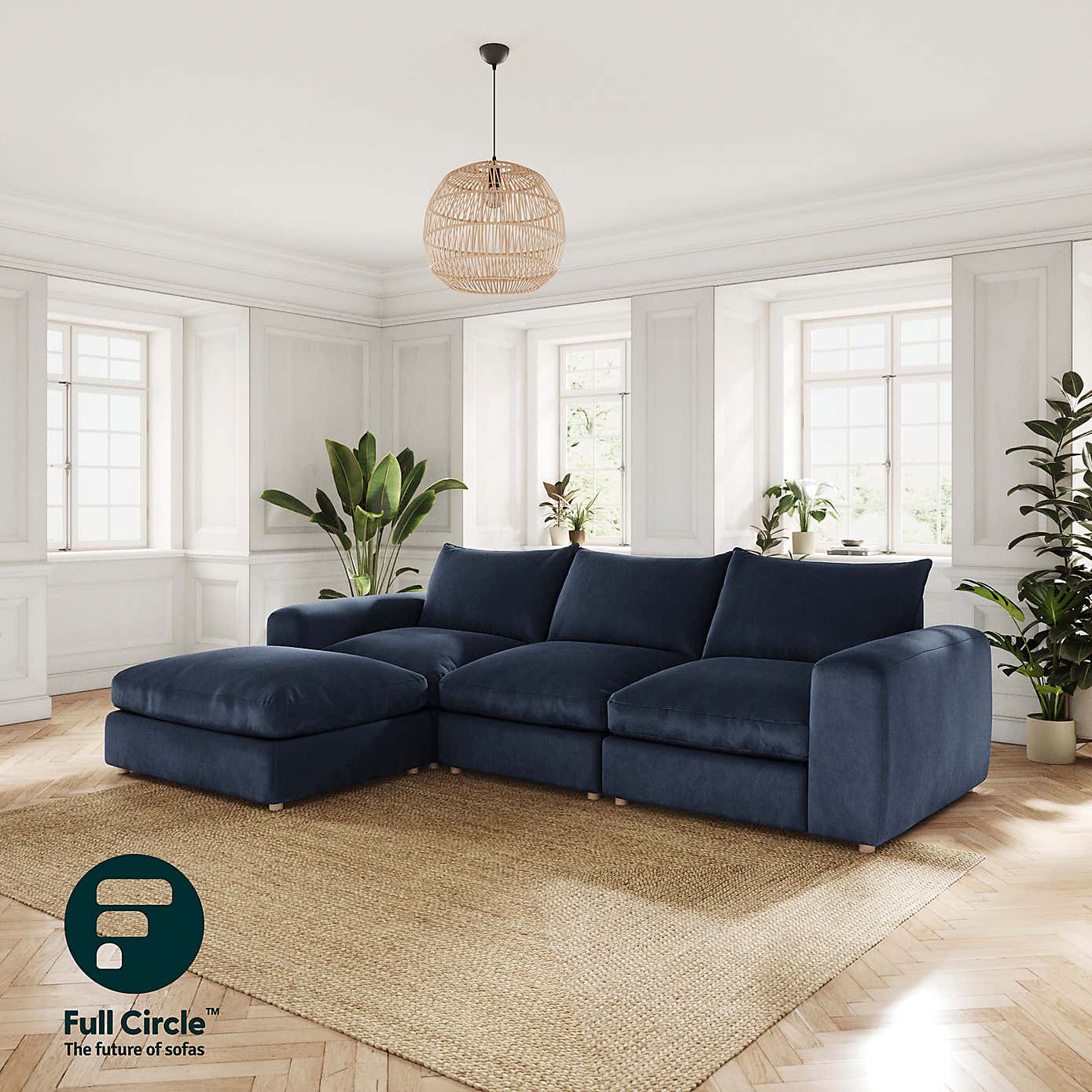 Full Circle Austin Cosy Velvet Left Hand Facing Corner Chaise, Navy