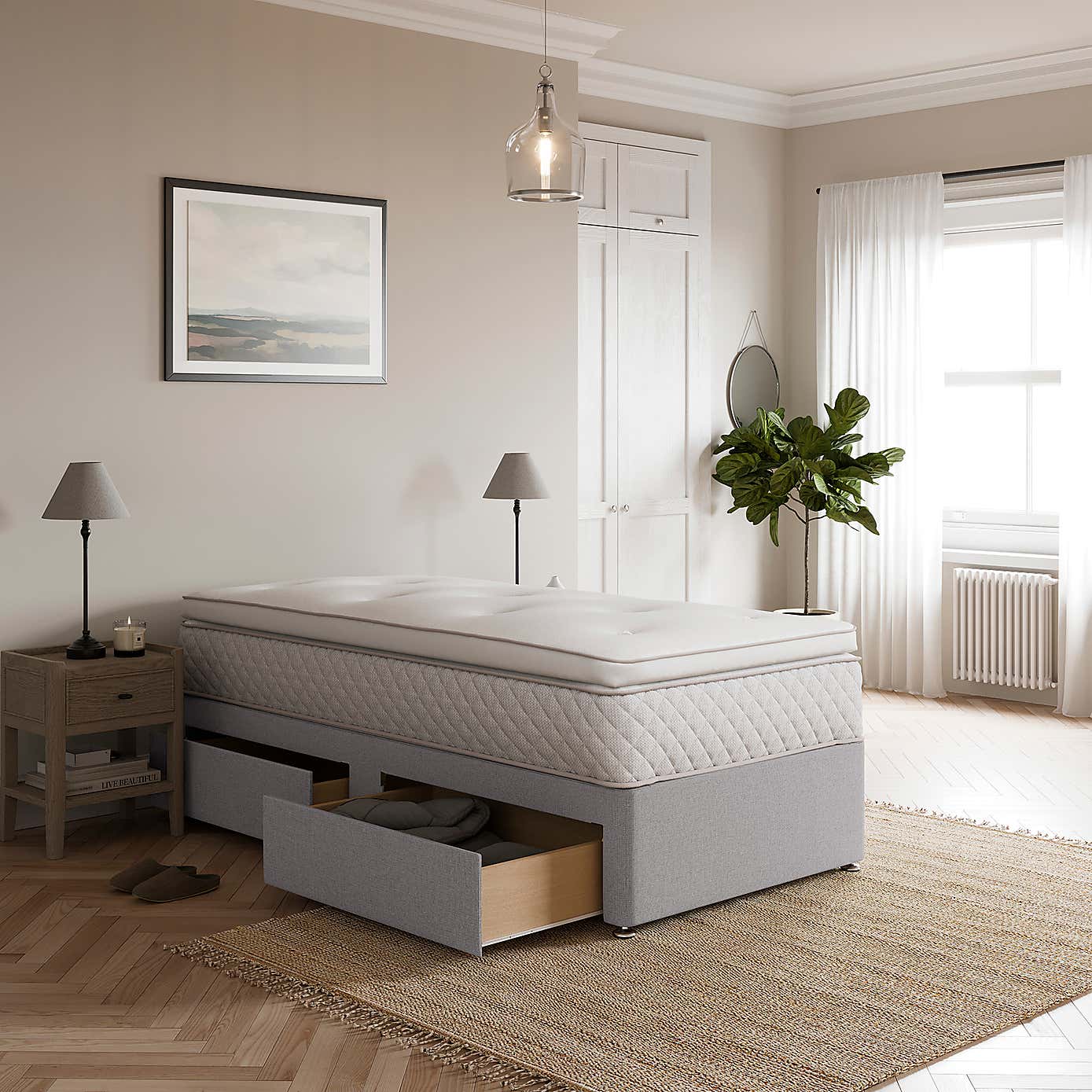 Fogarty Open Coil Memory Pillowtop Mattress and Divan Set, Faux Linen