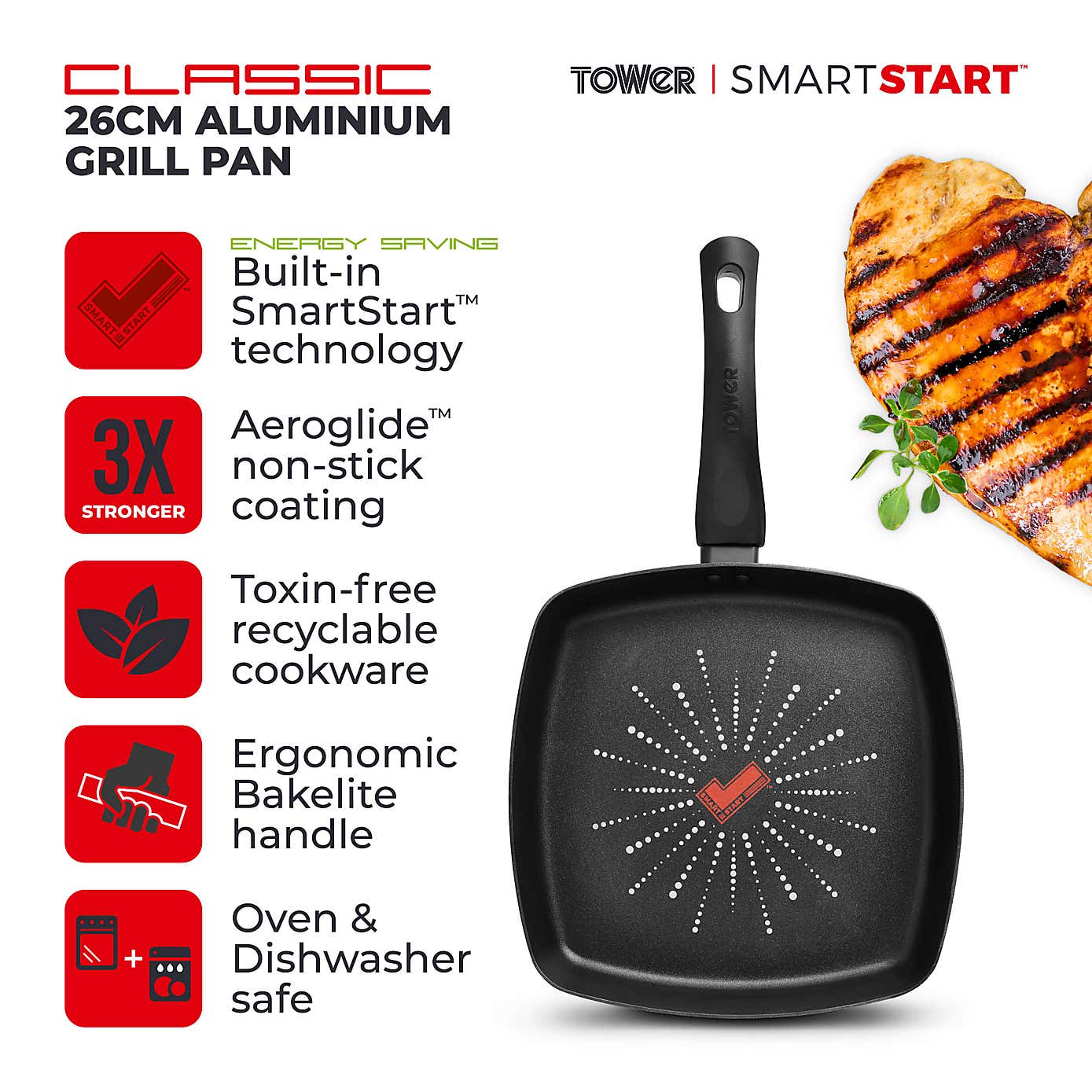 Tower Smart Start Classic Non-Stick Aluminium Grill Pan, 26cm