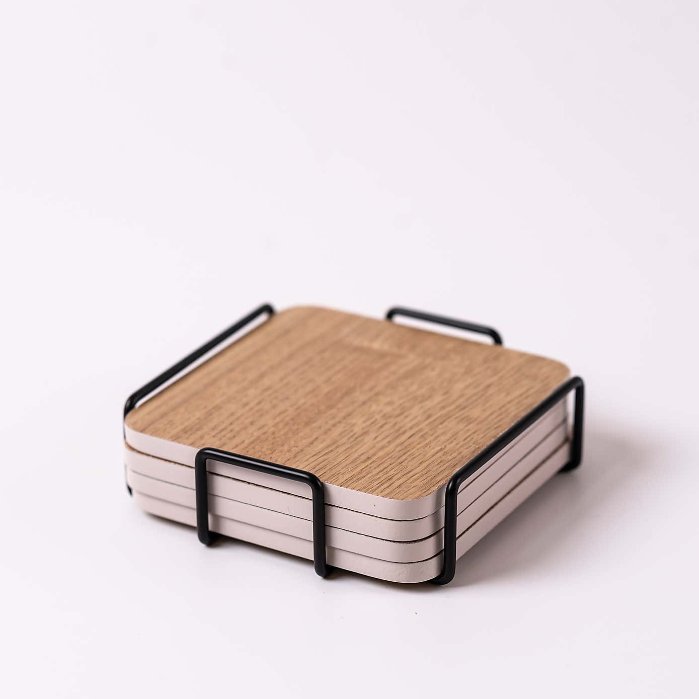 Set of 4 Wooden Coasters With Metal Holder