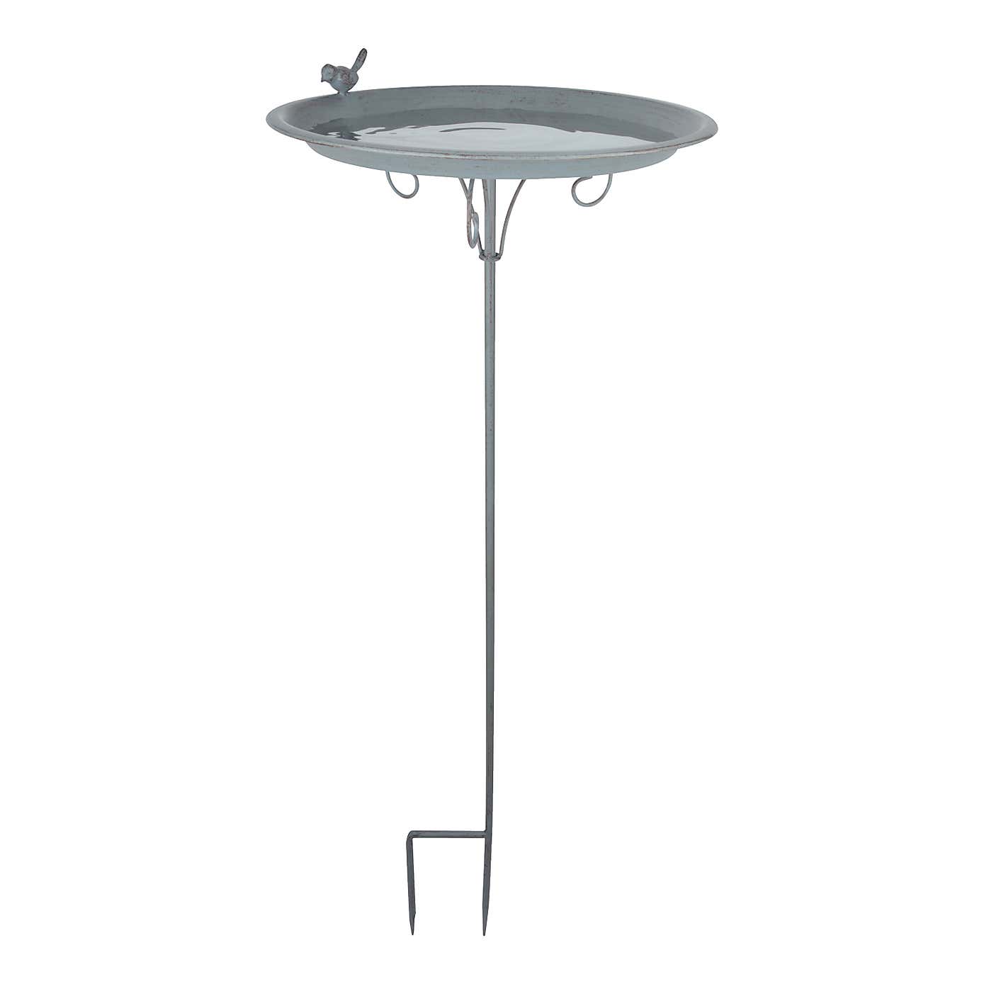 Fallen Fruits Grey Metal Bird Bath On Stick