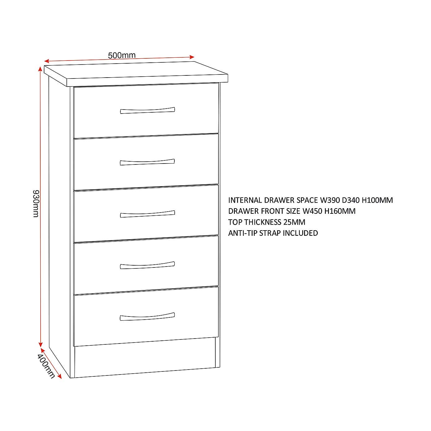 Nevada Slim 5 Drawer Chest