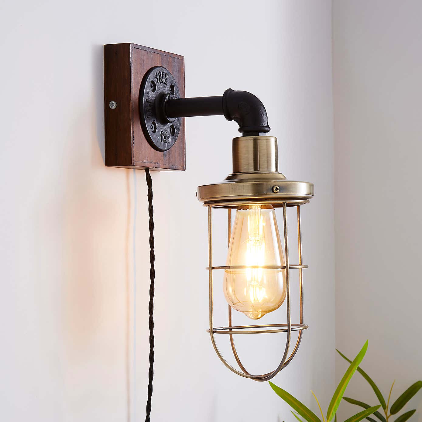 Milas Pipe Black Easy Fit Wall Light Industrial Plug