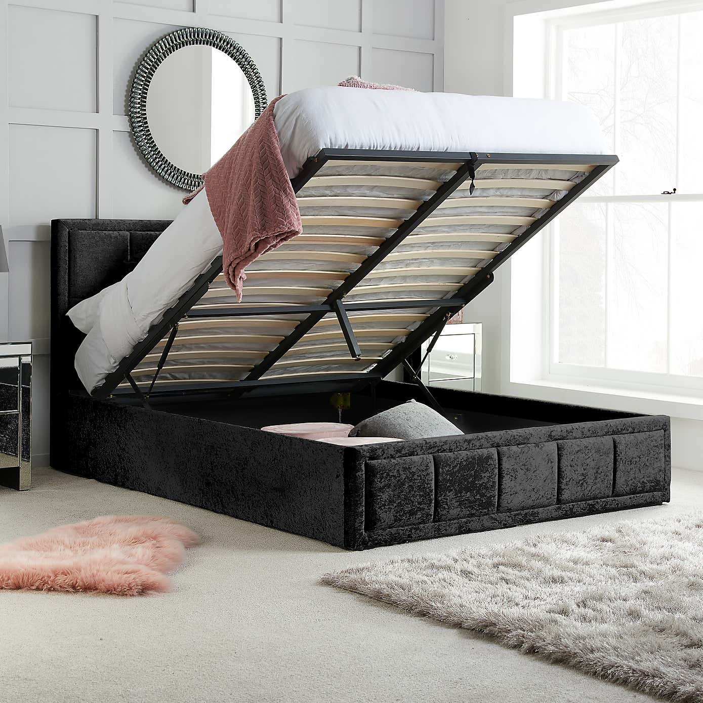 Hannover Steel Crushed Velvet Ottoman Bed
