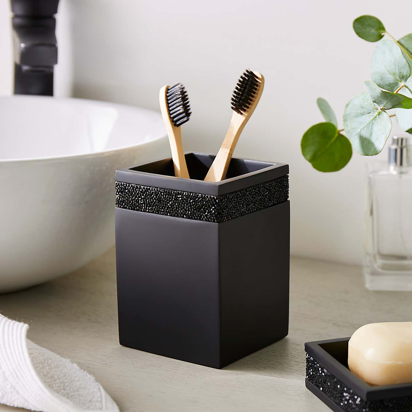Sparkle Black Square Toothbrush Holder