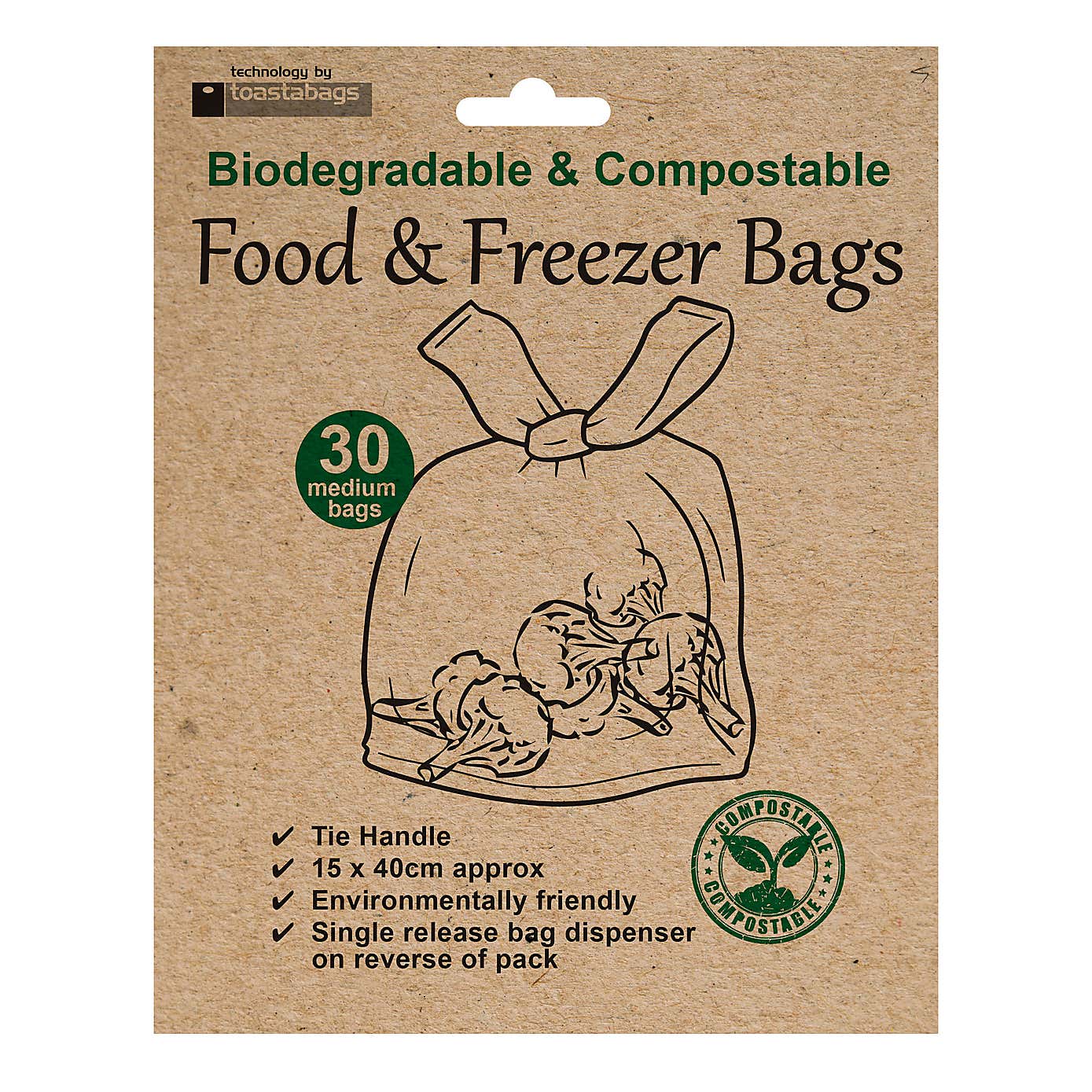 Pack of 30 Biodegradable Compostable Food Freezer Bags 15 x 40cm