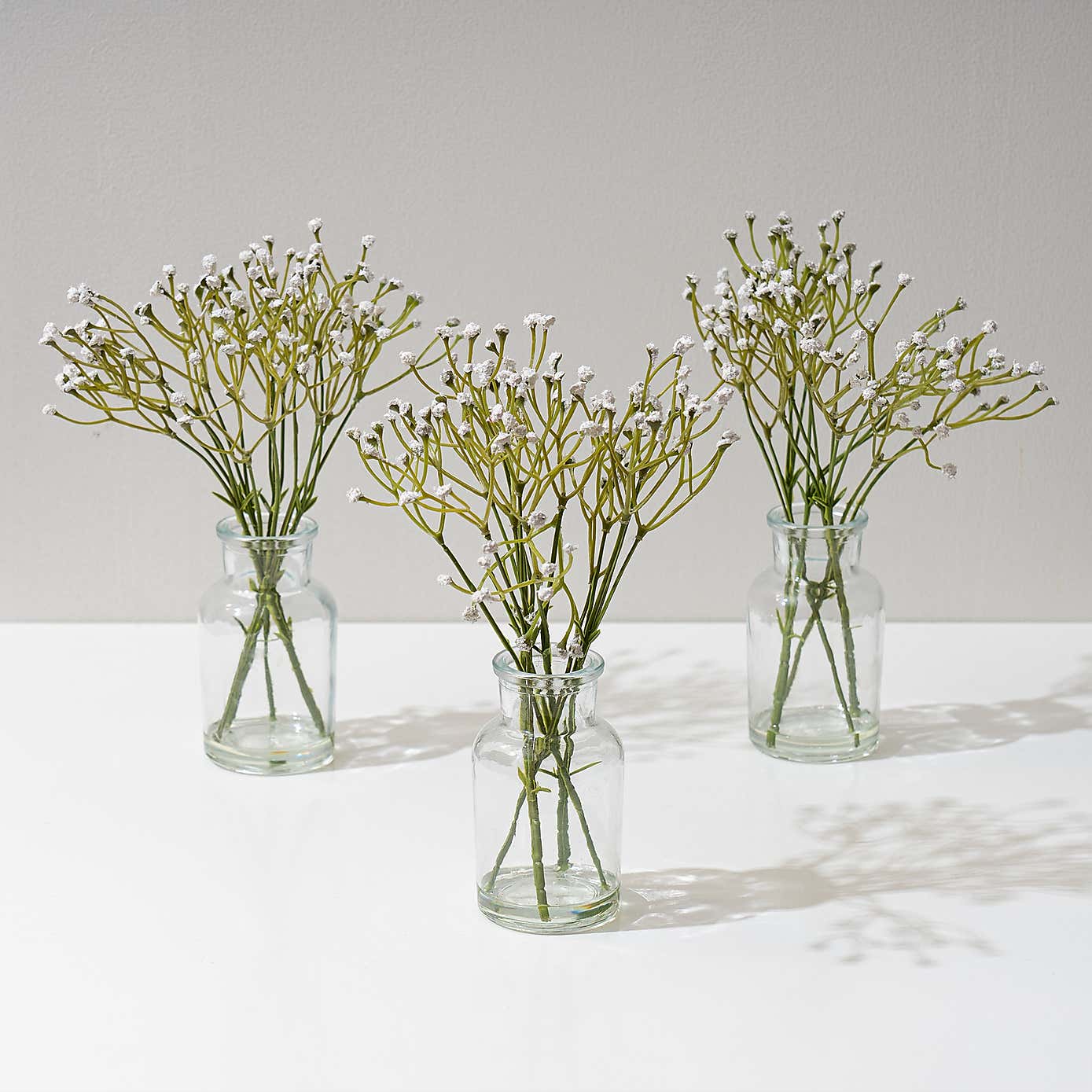 Set of 3 Artificial Gypsophila Bundles in Glass Bottle Vases