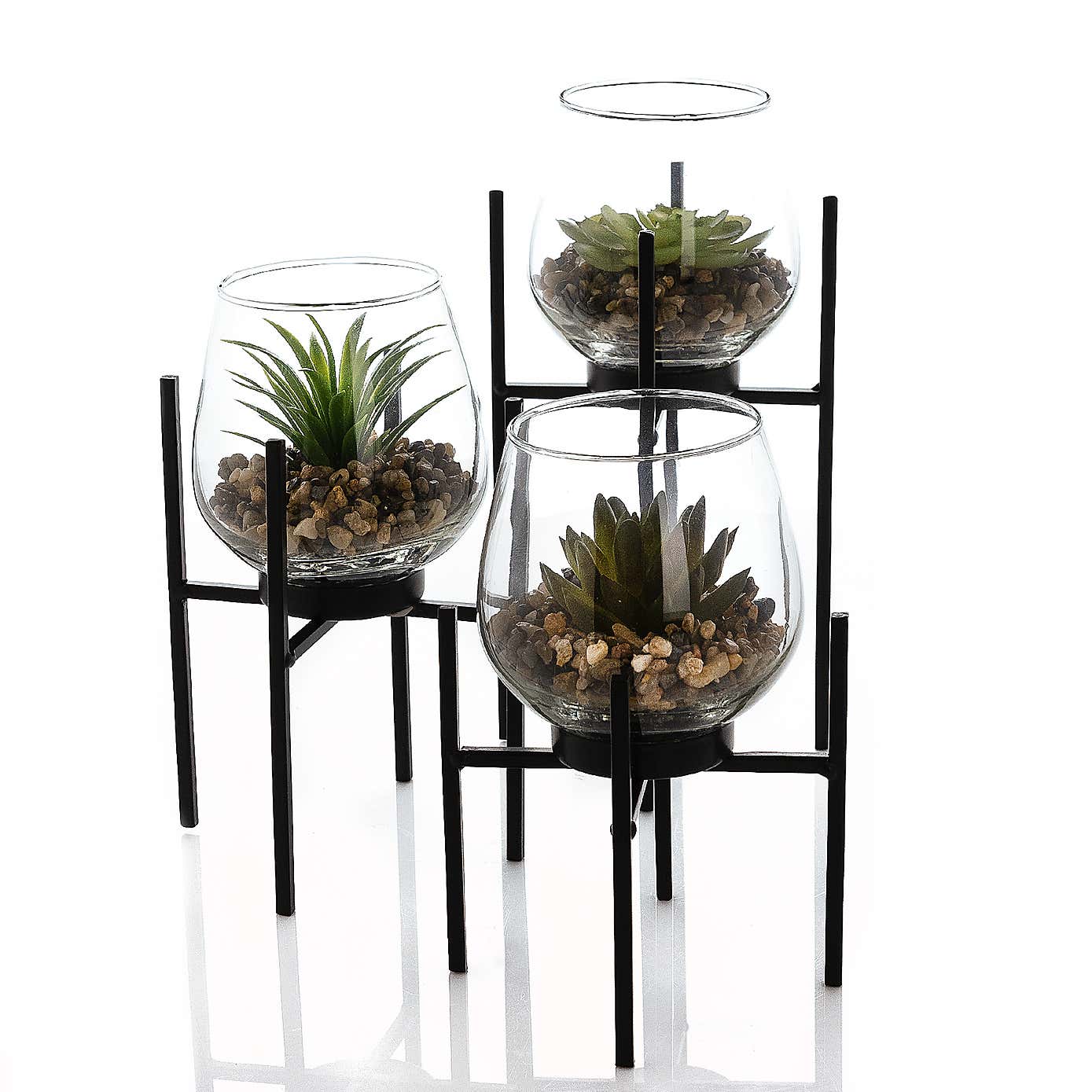 Hestia Set of 3 Glass Plant Pots wit Faux Succulent