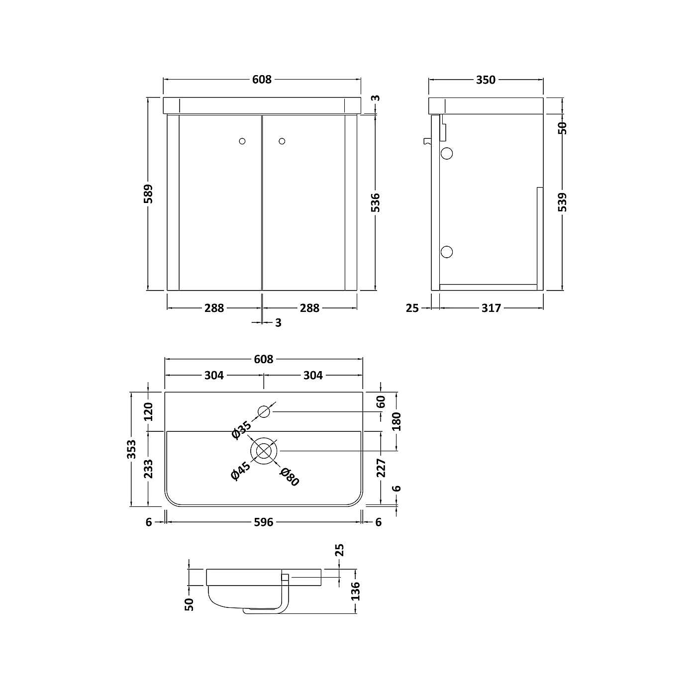 Core Wall Mounted 2 Door Vanity Unit with Basin