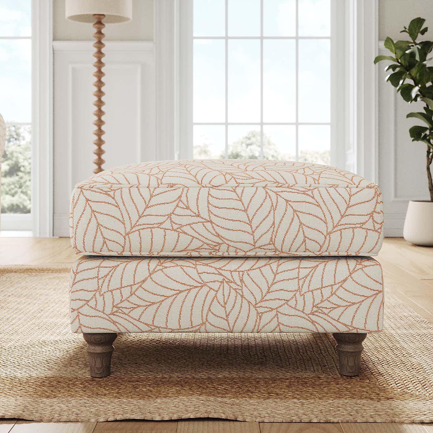 Flori Footstool, Leaf Print Fabric