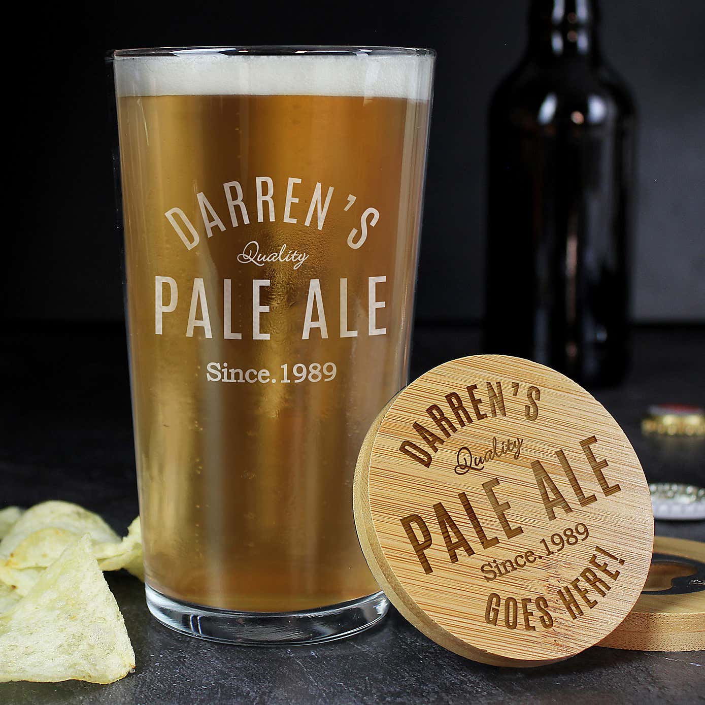 Personalised Bamboo Bottle Opener Coaster and Pint Glass